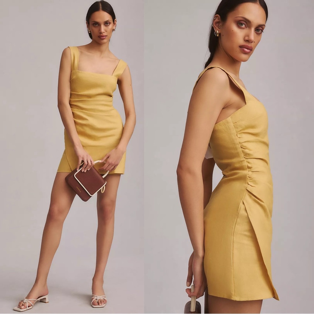 Reformation Kerrigan Linen Dress in Tuscan Yellow Square Neck Asymmetric Mini 8
